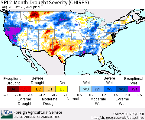 United States SPI 2-Month Drought Severity (CHIRPS) Thematic Map For 8/26/2021 - 10/25/2021