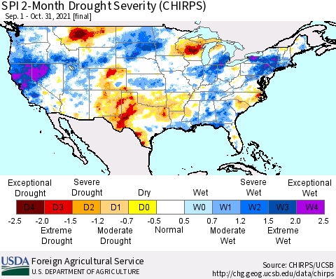 United States SPI 2-Month Drought Severity (CHIRPS) Thematic Map For 9/1/2021 - 10/31/2021