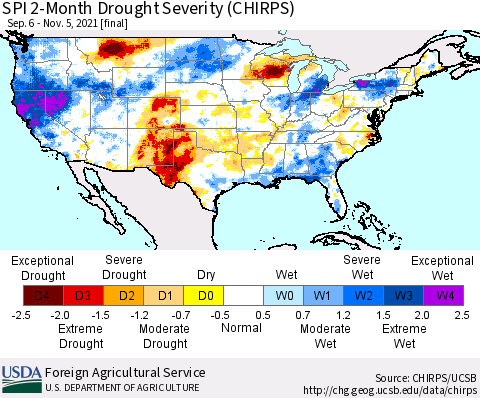 United States SPI 2-Month Drought Severity (CHIRPS) Thematic Map For 9/6/2021 - 11/5/2021