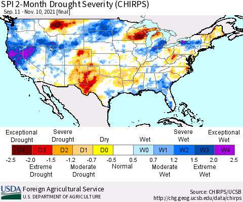 United States SPI 2-Month Drought Severity (CHIRPS) Thematic Map For 9/11/2021 - 11/10/2021