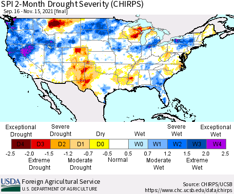 United States SPI 2-Month Drought Severity (CHIRPS) Thematic Map For 9/16/2021 - 11/15/2021
