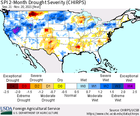 United States SPI 2-Month Drought Severity (CHIRPS) Thematic Map For 9/21/2021 - 11/20/2021