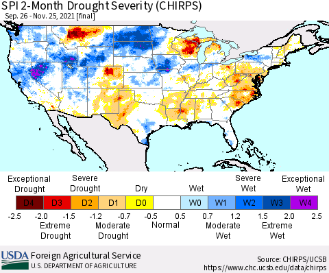 United States SPI 2-Month Drought Severity (CHIRPS) Thematic Map For 9/26/2021 - 11/25/2021