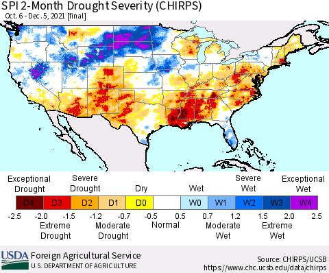 United States SPI 2-Month Drought Severity (CHIRPS) Thematic Map For 10/6/2021 - 12/5/2021
