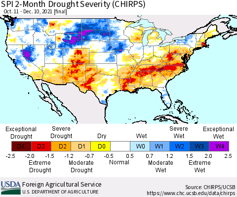 United States SPI 2-Month Drought Severity (CHIRPS) Thematic Map For 10/11/2021 - 12/10/2021