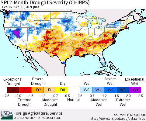 United States SPI 2-Month Drought Severity (CHIRPS) Thematic Map For 10/16/2021 - 12/15/2021
