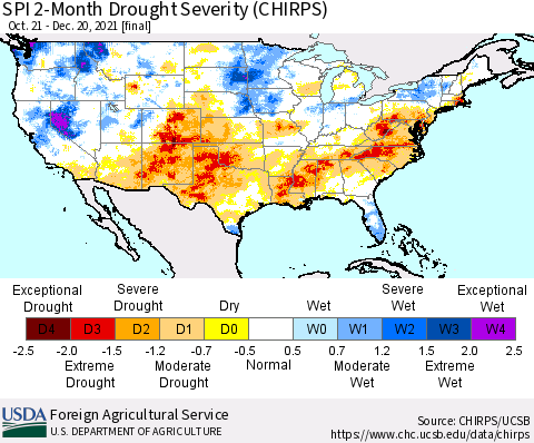 United States SPI 2-Month Drought Severity (CHIRPS) Thematic Map For 10/21/2021 - 12/20/2021