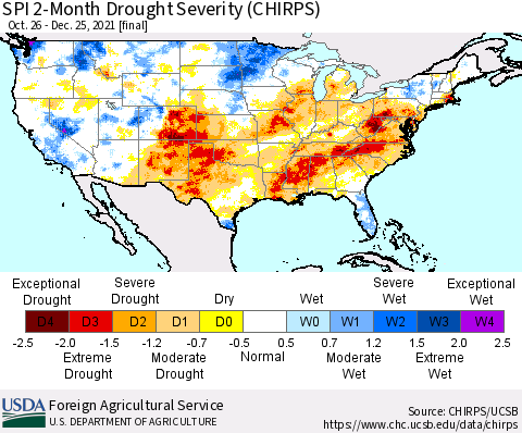 United States SPI 2-Month Drought Severity (CHIRPS) Thematic Map For 10/26/2021 - 12/25/2021