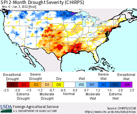 United States SPI 2-Month Drought Severity (CHIRPS) Thematic Map For 11/6/2021 - 1/5/2022