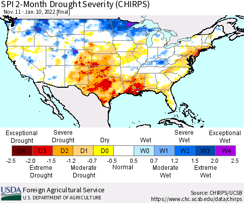 United States SPI 2-Month Drought Severity (CHIRPS) Thematic Map For 11/11/2021 - 1/10/2022