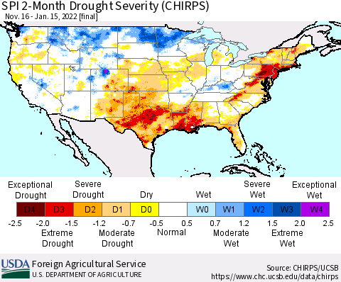 United States SPI 2-Month Drought Severity (CHIRPS) Thematic Map For 11/16/2021 - 1/15/2022