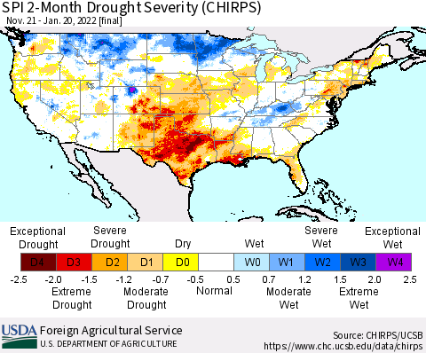 United States SPI 2-Month Drought Severity (CHIRPS) Thematic Map For 11/21/2021 - 1/20/2022