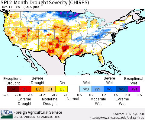 United States SPI 2-Month Drought Severity (CHIRPS) Thematic Map For 12/11/2021 - 2/10/2022