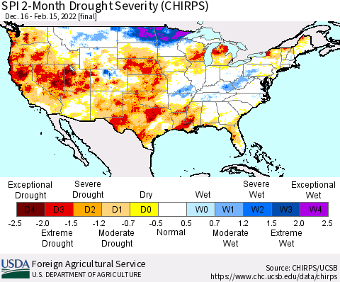 United States SPI 2-Month Drought Severity (CHIRPS) Thematic Map For 12/16/2021 - 2/15/2022