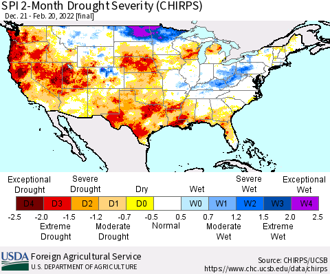 United States SPI 2-Month Drought Severity (CHIRPS) Thematic Map For 12/21/2021 - 2/20/2022
