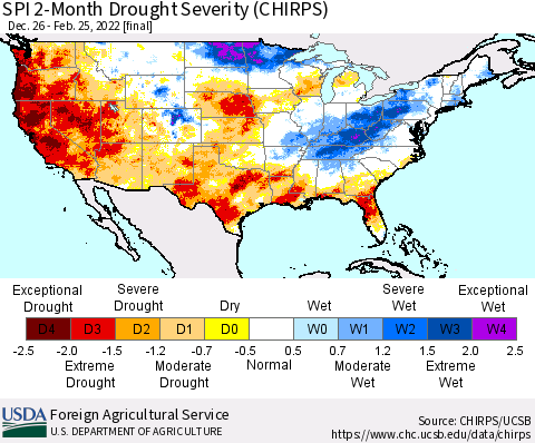 United States SPI 2-Month Drought Severity (CHIRPS) Thematic Map For 12/26/2021 - 2/25/2022