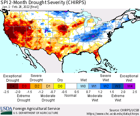 United States SPI 2-Month Drought Severity (CHIRPS) Thematic Map For 1/1/2022 - 2/28/2022