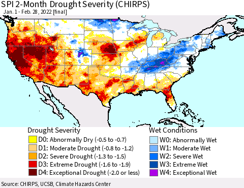 United States SPI 2-Month Drought Severity (CHIRPS) Thematic Map For 1/1/2022 - 2/28/2022