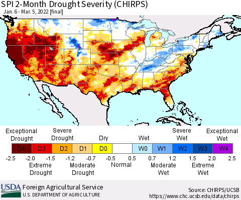 United States SPI 2-Month Drought Severity (CHIRPS) Thematic Map For 1/6/2022 - 3/5/2022