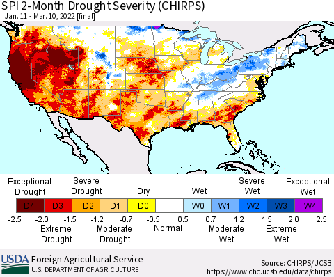 United States SPI 2-Month Drought Severity (CHIRPS) Thematic Map For 1/11/2022 - 3/10/2022