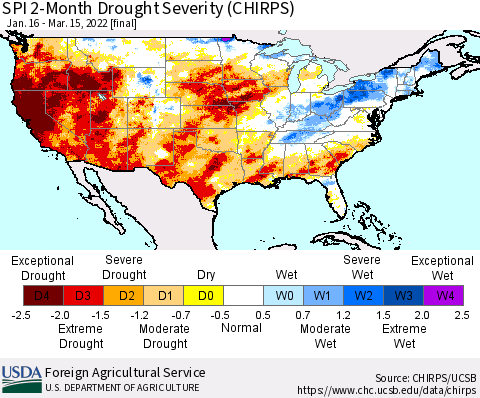 United States SPI 2-Month Drought Severity (CHIRPS) Thematic Map For 1/16/2022 - 3/15/2022