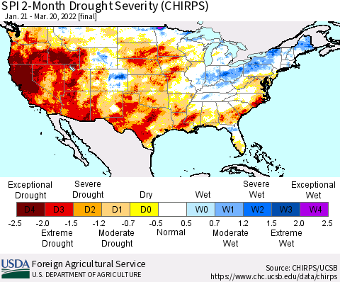 United States SPI 2-Month Drought Severity (CHIRPS) Thematic Map For 1/21/2022 - 3/20/2022