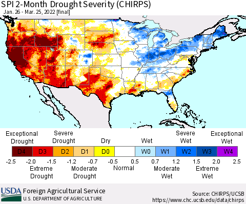 United States SPI 2-Month Drought Severity (CHIRPS) Thematic Map For 1/26/2022 - 3/25/2022