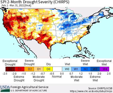 United States SPI 2-Month Drought Severity (CHIRPS) Thematic Map For 2/1/2022 - 3/31/2022