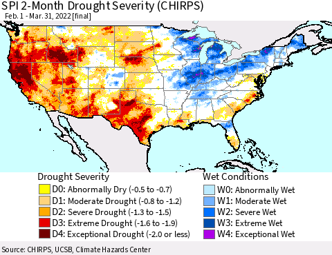 United States SPI 2-Month Drought Severity (CHIRPS) Thematic Map For 2/1/2022 - 3/31/2022