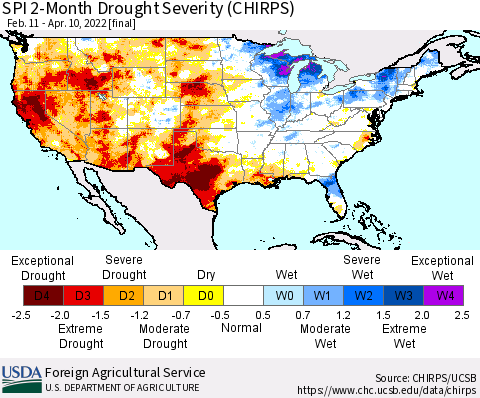 United States SPI 2-Month Drought Severity (CHIRPS) Thematic Map For 2/11/2022 - 4/10/2022