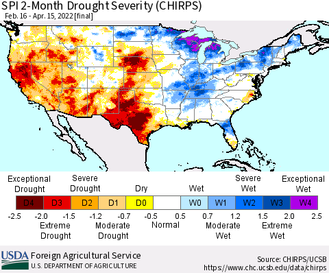 United States SPI 2-Month Drought Severity (CHIRPS) Thematic Map For 2/16/2022 - 4/15/2022