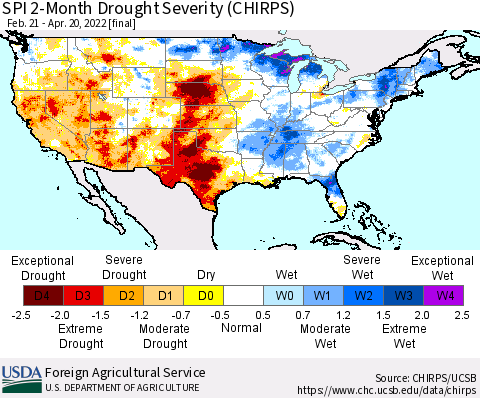 United States SPI 2-Month Drought Severity (CHIRPS) Thematic Map For 2/21/2022 - 4/20/2022