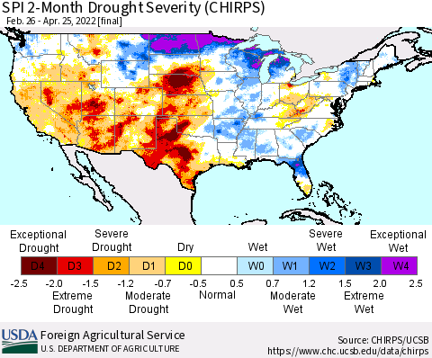 United States SPI 2-Month Drought Severity (CHIRPS) Thematic Map For 2/26/2022 - 4/25/2022