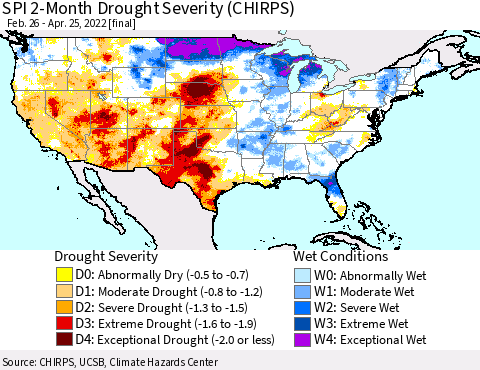 United States SPI 2-Month Drought Severity (CHIRPS) Thematic Map For 2/26/2022 - 4/25/2022