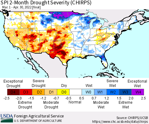 United States SPI 2-Month Drought Severity (CHIRPS) Thematic Map For 3/1/2022 - 4/30/2022