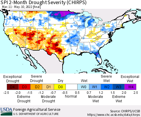 United States SPI 2-Month Drought Severity (CHIRPS) Thematic Map For 3/11/2022 - 5/10/2022