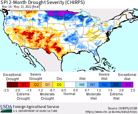 United States SPI 2-Month Drought Severity (CHIRPS) Thematic Map For 3/16/2022 - 5/15/2022