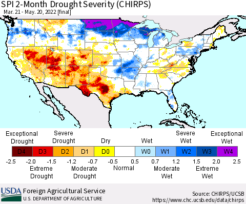 United States SPI 2-Month Drought Severity (CHIRPS) Thematic Map For 3/21/2022 - 5/20/2022