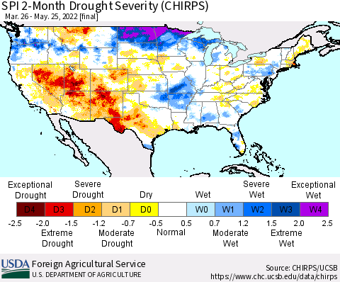 United States SPI 2-Month Drought Severity (CHIRPS) Thematic Map For 3/26/2022 - 5/25/2022