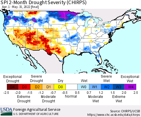 United States SPI 2-Month Drought Severity (CHIRPS) Thematic Map For 4/1/2022 - 5/31/2022