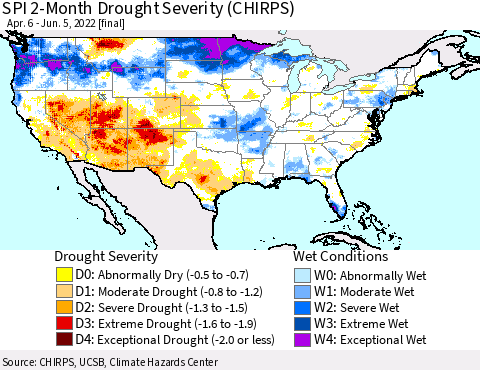 United States SPI 2-Month Drought Severity (CHIRPS) Thematic Map For 4/6/2022 - 6/5/2022