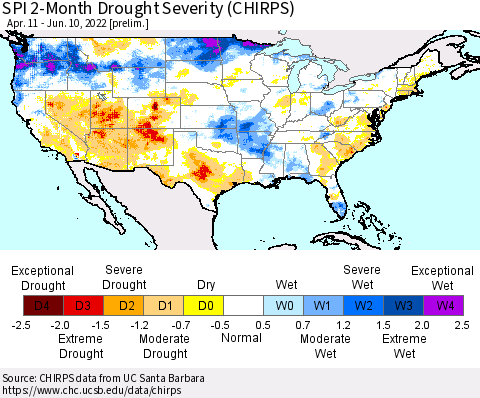 United States SPI 2-Month Drought Severity (CHIRPS) Thematic Map For 4/11/2022 - 6/10/2022