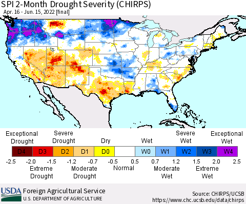 United States SPI 2-Month Drought Severity (CHIRPS) Thematic Map For 4/16/2022 - 6/15/2022