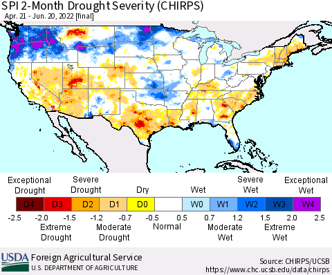 United States SPI 2-Month Drought Severity (CHIRPS) Thematic Map For 4/21/2022 - 6/20/2022