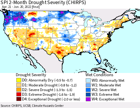 United States SPI 2-Month Drought Severity (CHIRPS) Thematic Map For 4/21/2022 - 6/20/2022