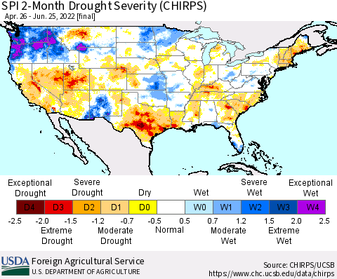 United States SPI 2-Month Drought Severity (CHIRPS) Thematic Map For 4/26/2022 - 6/25/2022