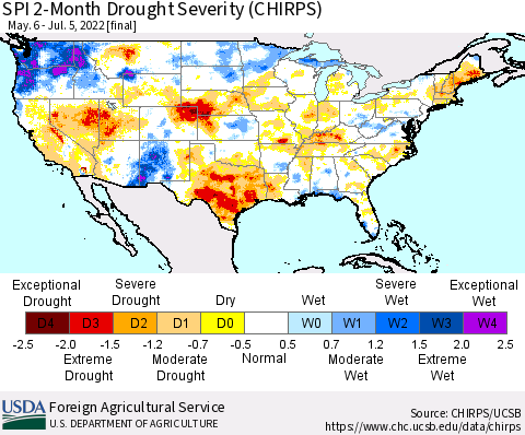 United States SPI 2-Month Drought Severity (CHIRPS) Thematic Map For 5/6/2022 - 7/5/2022