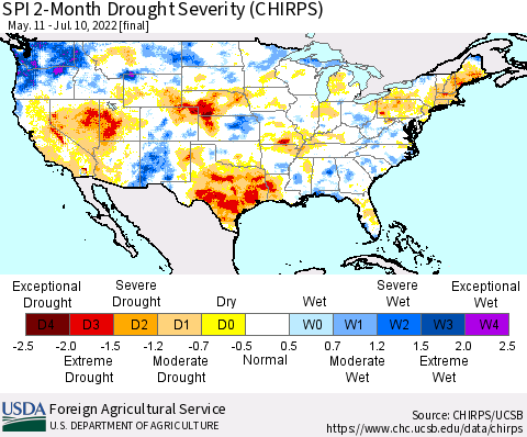 United States SPI 2-Month Drought Severity (CHIRPS) Thematic Map For 5/11/2022 - 7/10/2022