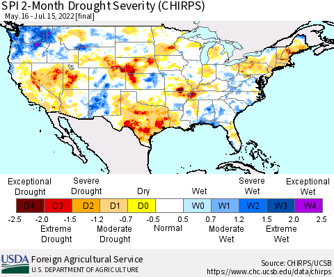 United States SPI 2-Month Drought Severity (CHIRPS) Thematic Map For 5/16/2022 - 7/15/2022