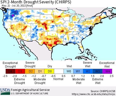 United States SPI 2-Month Drought Severity (CHIRPS) Thematic Map For 5/21/2022 - 7/20/2022